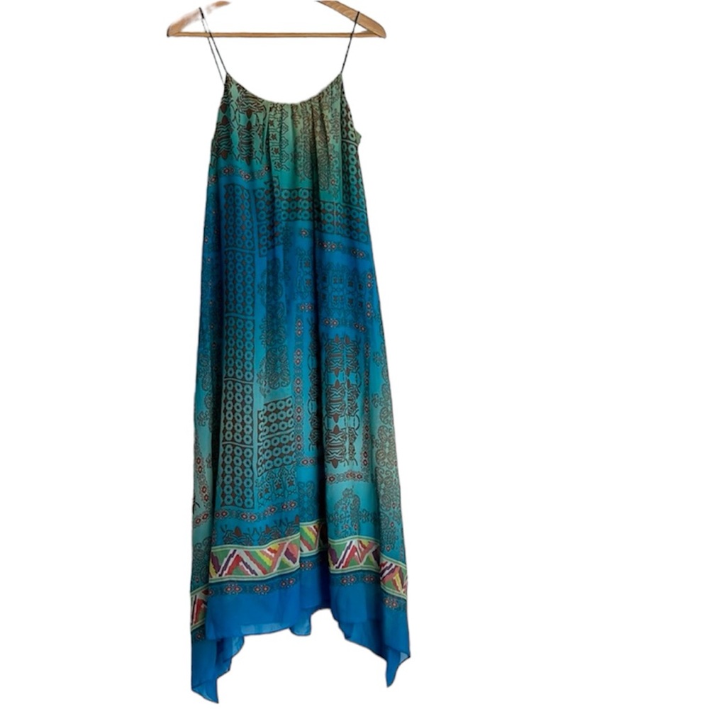 BOSTON PROPER spaghetti string handkerchief bottom dress size 6 blue Aztec print - Picture 1 of 13